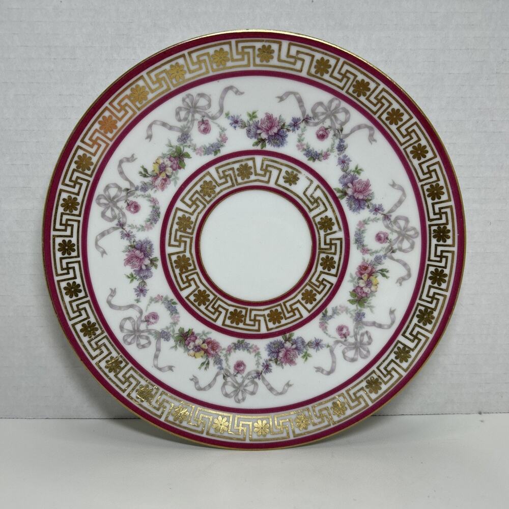 Antique Bernaduad Limoges C&D Porcelain 9"Plate Floral Swags Bows Gold Greek Key